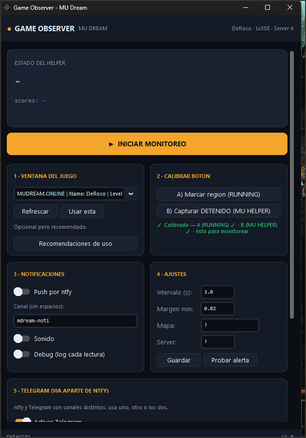 Pantalla principal de Game Observer